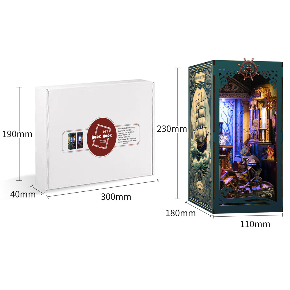 DIY ocean book nook kit box with ship graphic, shown with product dimensions