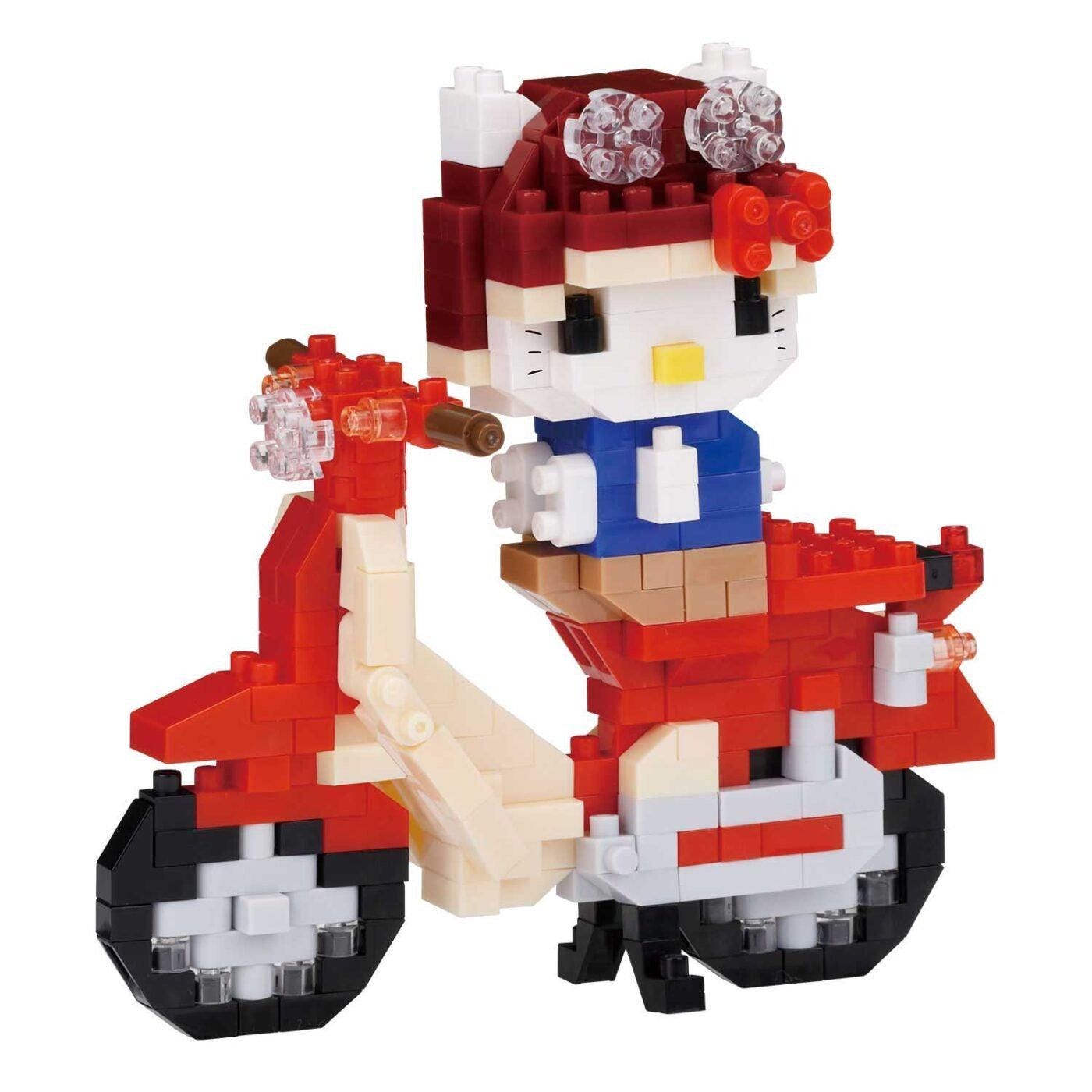 Assembled building-block Hello Kitty on a motorcycle, close-up with red hood and blue outfit