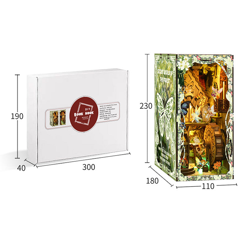 DIY book nook kit packaging with size diagram on white box and forest scene front panel
