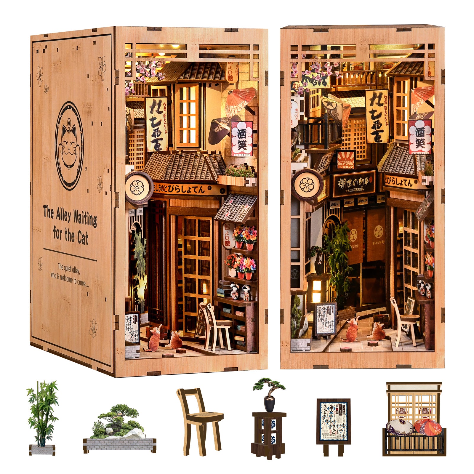 Wooden DIY book nook kit with assembled miniature storefront scene and small parts