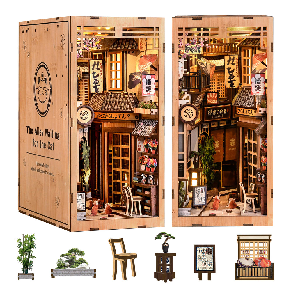 Wooden DIY book nook kit with assembled miniature storefront scene and small parts