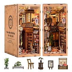 Wooden DIY book nook kit with assembled miniature storefront scene and small parts
