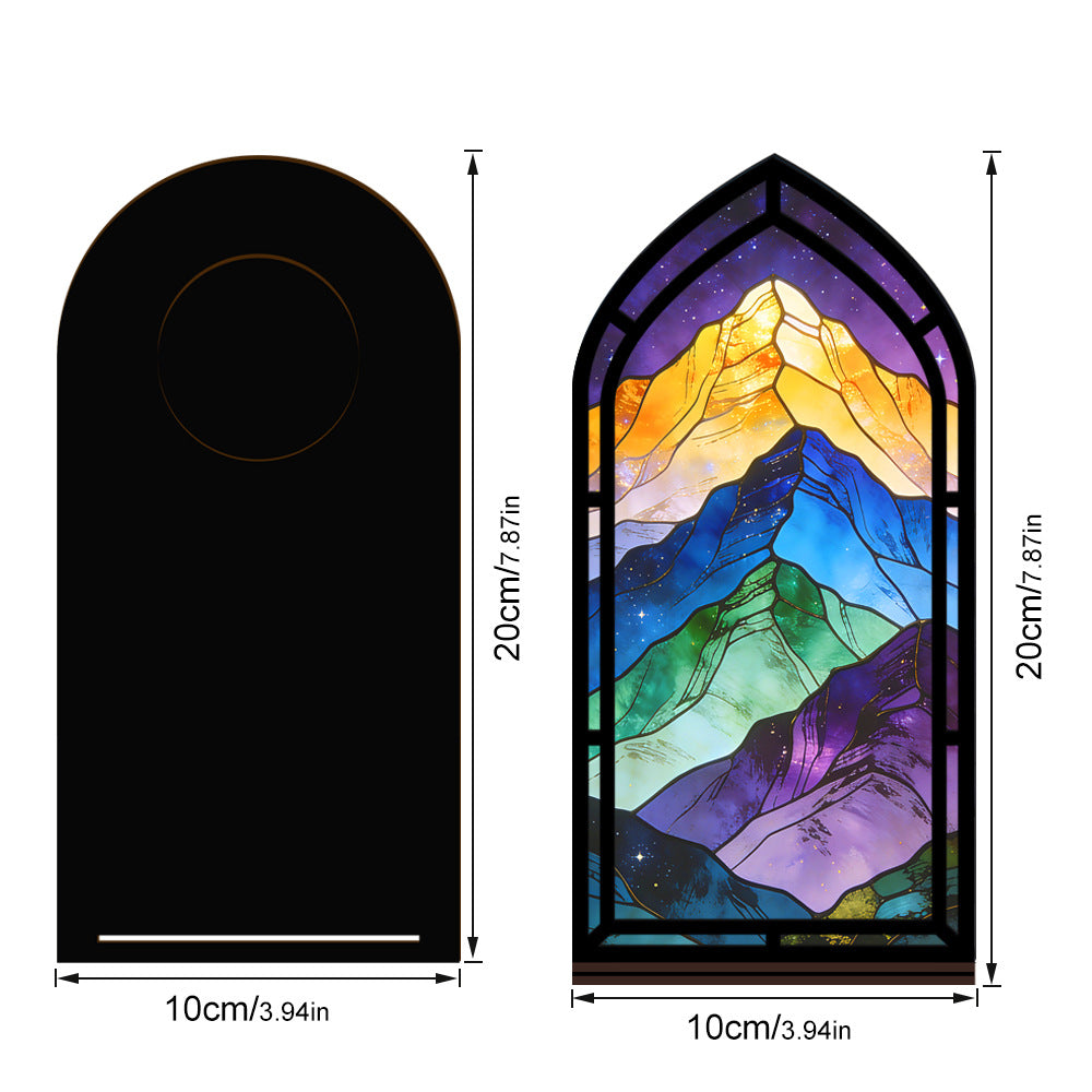 Arched glowing mountain book nook panel, 10cm wide and 20cm tall