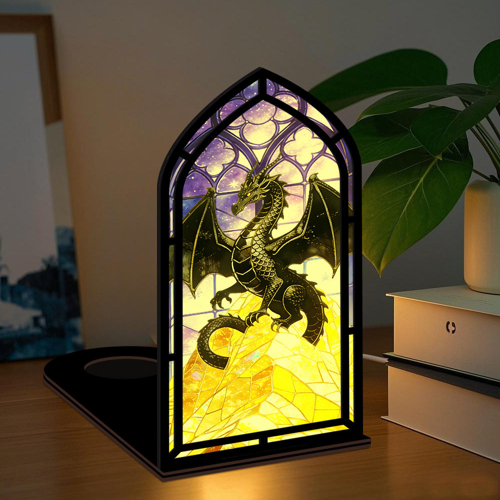 Arch dragon stained-glass book nook with purple glass and glowing gold mosaic dragon
