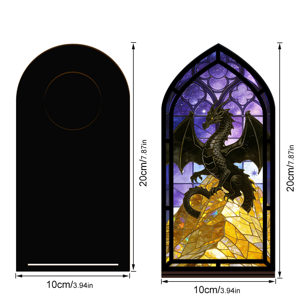 Arched book nook display with dragon stained-glass artwork on a window-shaped frame