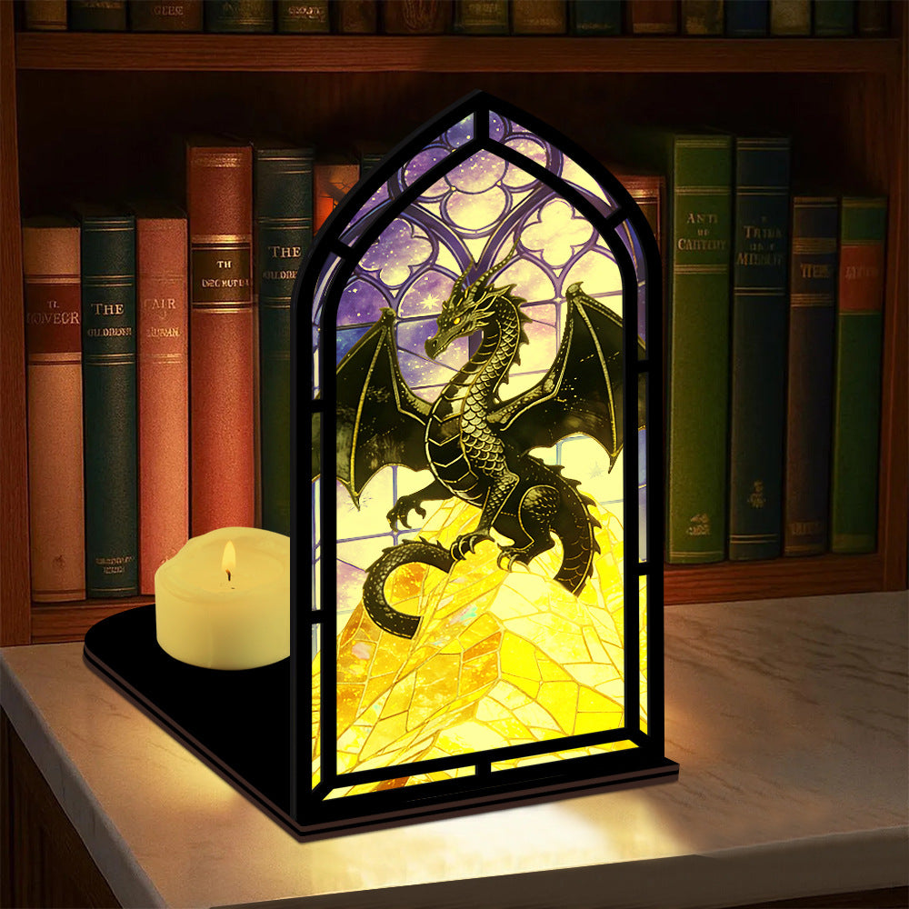 Arch dragon stained-glass book nook standing on shelf with warm lit glow