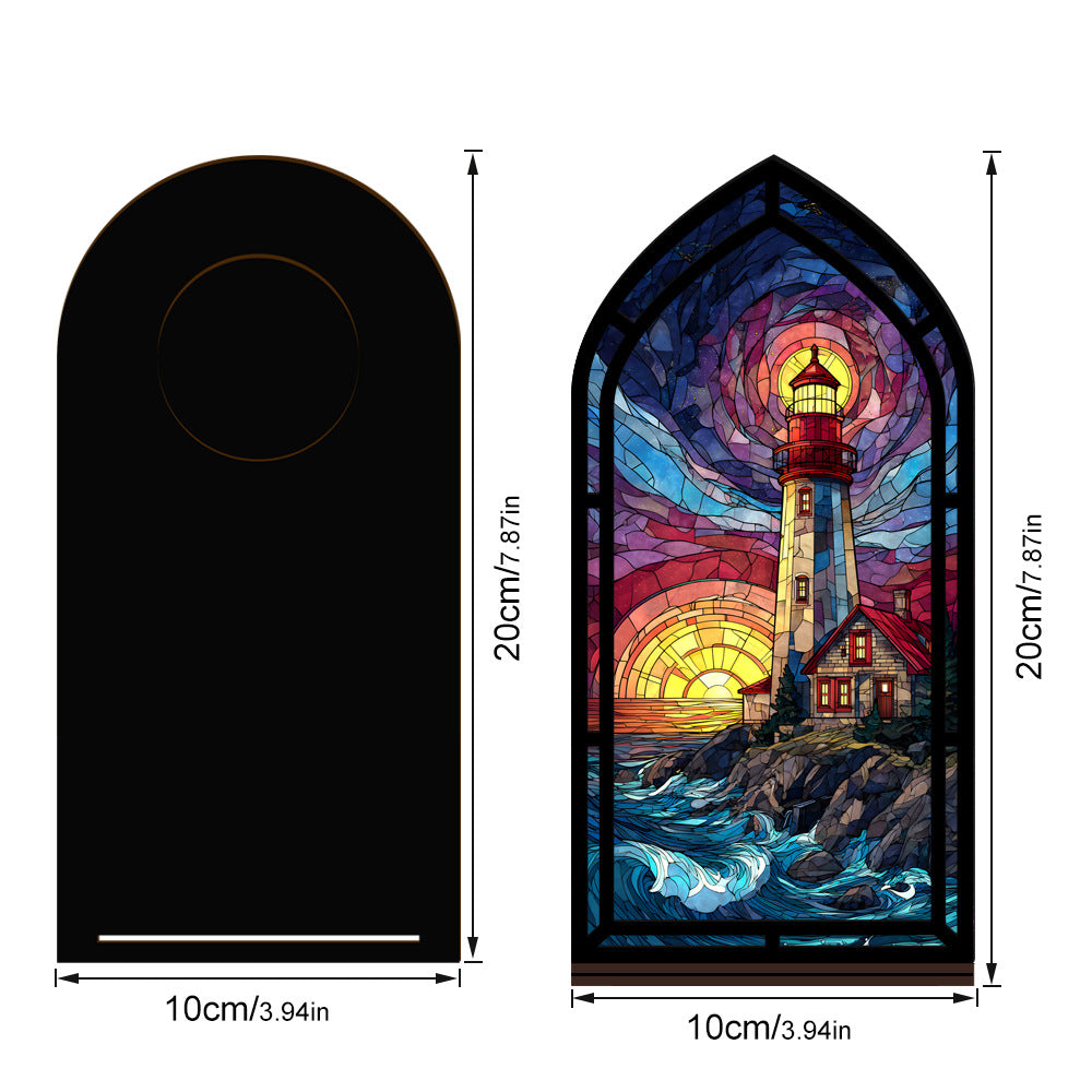 Coastal lighthouse book nook size diagram with stained-glass lighthouse panel