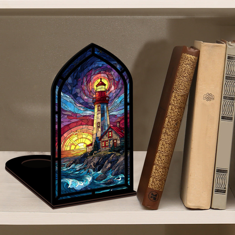 Coastal lighthouse book nook with stained-glass lighthouse window beside books