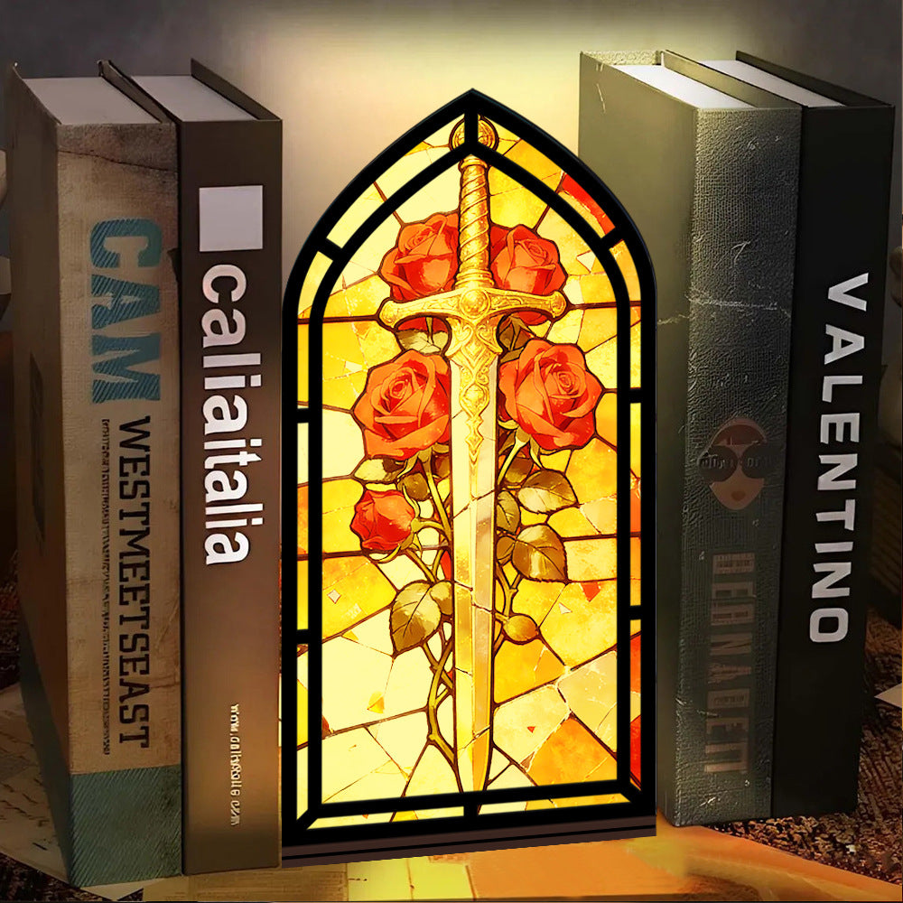 Stained-glass arched book nook with sword and red roses, black frame display