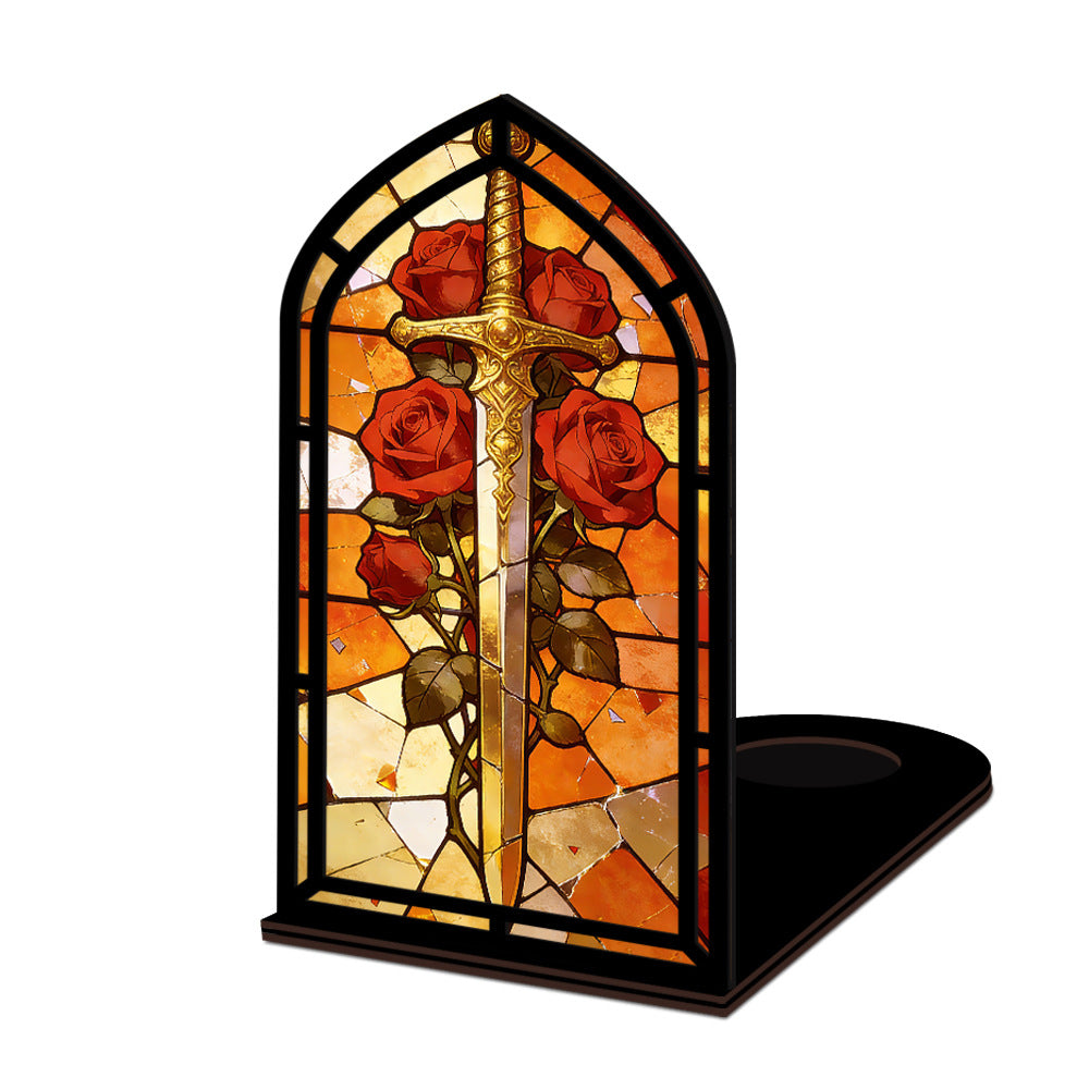 Arched stained-glass book nook with sword and red roses, candle base beneath