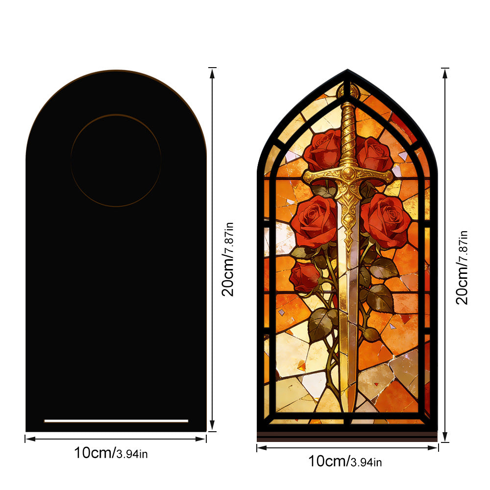Dimensions diagram for arched stained-glass book nook with sword and red roses