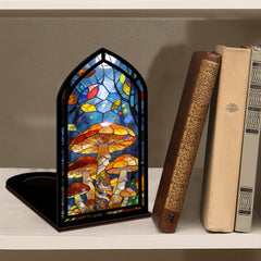 Mushroom stained-glass book nook with arched black frame and colorful mushroom window panel