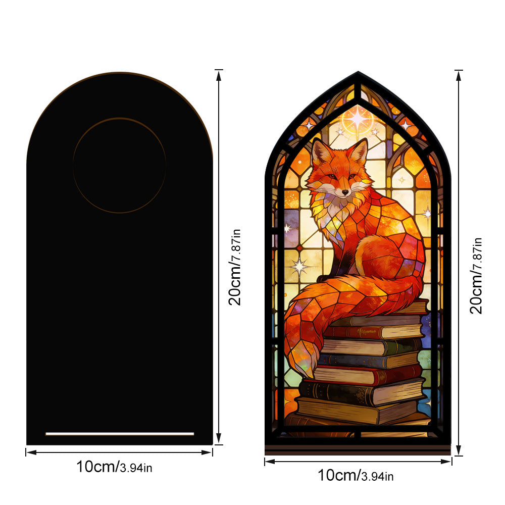 Fox book nook silhouette with arched frame, stacked books, and size markings