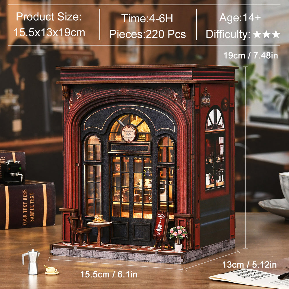 DIY book nook coffee shop miniature with arched doorway and size layout lines