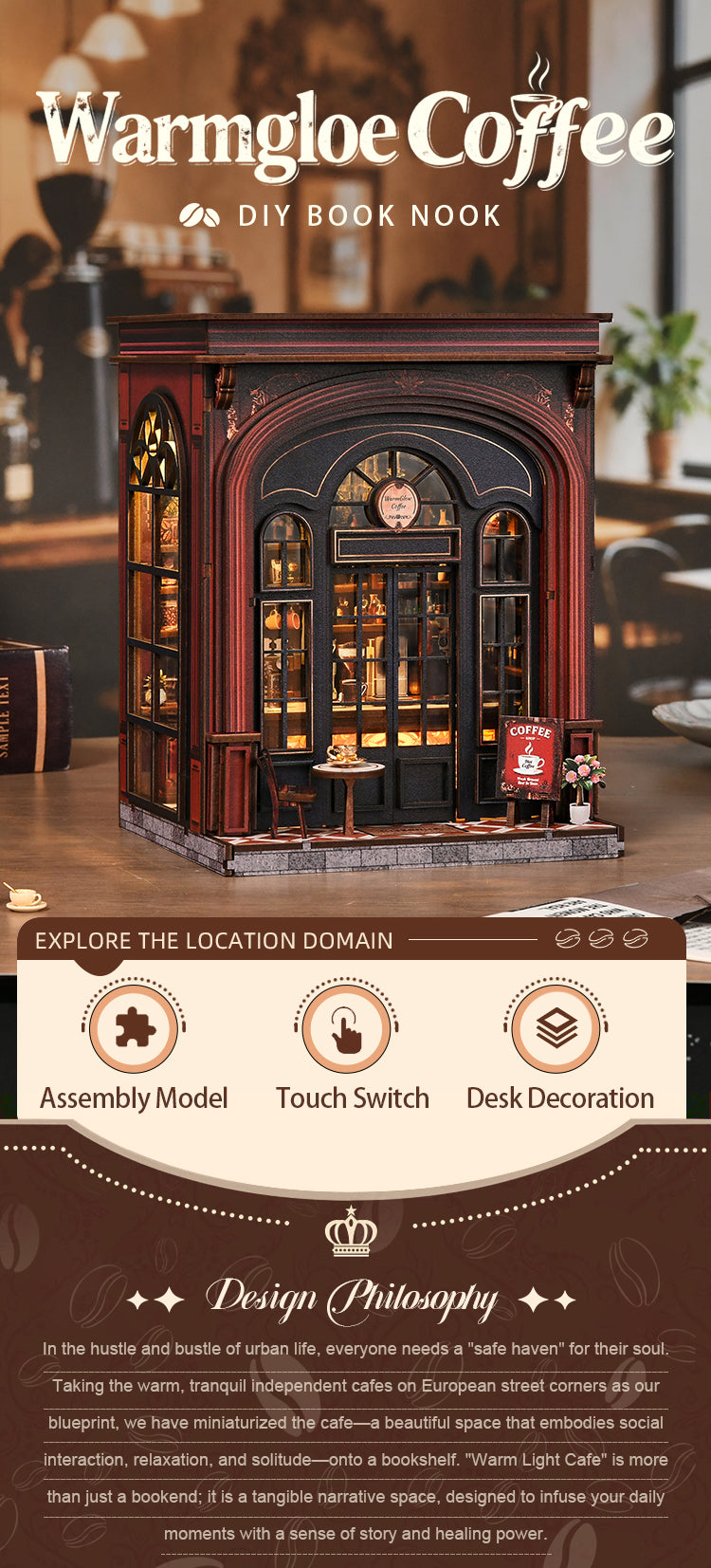Miniature book nook with arched wooden facade, lit shelves and small coffee details